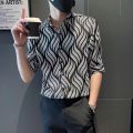 Printed Shirt Men's High Sense Ice Silk Short Sleeve Summer Fashion BrandinsPu Shuai Men's Shirt Design Sense Niche Top. 