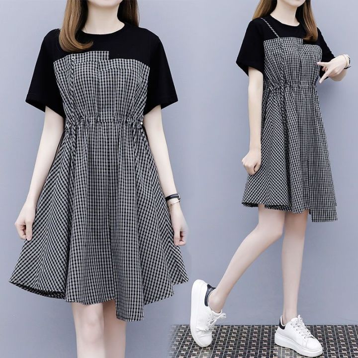 Korean%20Style%20Summer%20New%20Plaid%20Stitching%20Two-Piece%20Drawstring%20Waist%20Slimming%20DesignAWord%20Small%20Size%20Dress%20-%20Image%204