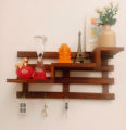 Wooden Wall-Mounted 3-Tier Stair Shelf with Key Hooks and Floating Shelf Rustic Home Decor. 