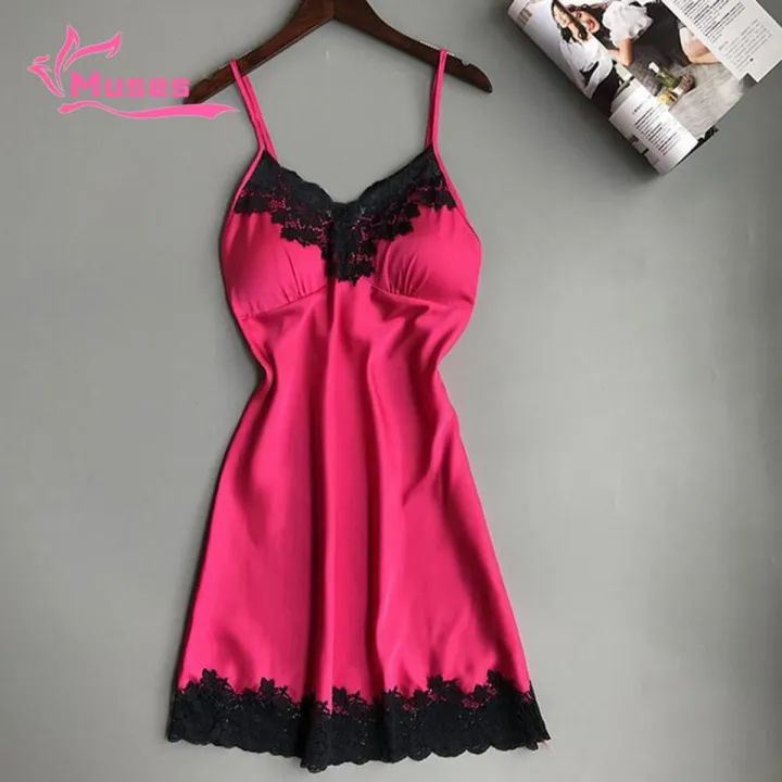 Muses Mall Women Padded V-Neck Lace Strappy Underwear Nightdress Home Sleepwear