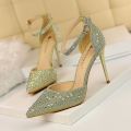 2023New Korean Style Rhinestone Pointed Toe Bridal Wedding Shoes Silver Girl High Heel Sandals All-Matching Ankle-Strap Buckle Shoes. 
