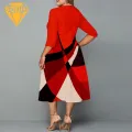Women Dress Stylish Geometric Print Party Midi Dress Plus Size Loose-fitting Round Neck Women's Fashion A-line Dress. 