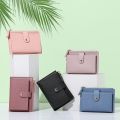 Women PU Leather Short Pocket Buckle Zipper Wallet / Korean Mini Plain Color Flap Trend Purse / Multi-card High Capacity Card Holder. 