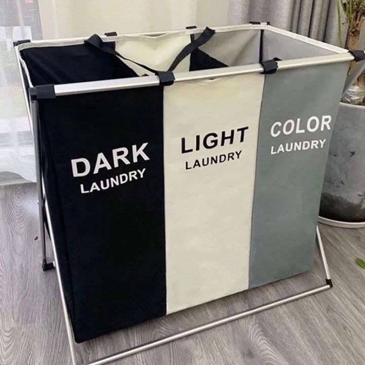 Laundry Basket 3 Section,Foldable Dirty Laundry Hamper, Laundry Room Organization,Clothes Baskets With Side Pocket,Laundry Sorter（Black and white gray）