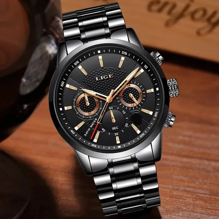 New Luxury Stainless Steel / Leather Strap Chain Quartz Analog Wrist Watch For Men Gents Boys LIGEx 191545919 STYLES-CMB (PVT) LTD