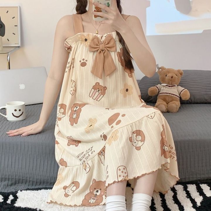 Sweet Summer Female Pure Cotton Nightdress Summer Student Mid-Length ins Wind Home Wear Nightdress 100% Cute suspenders