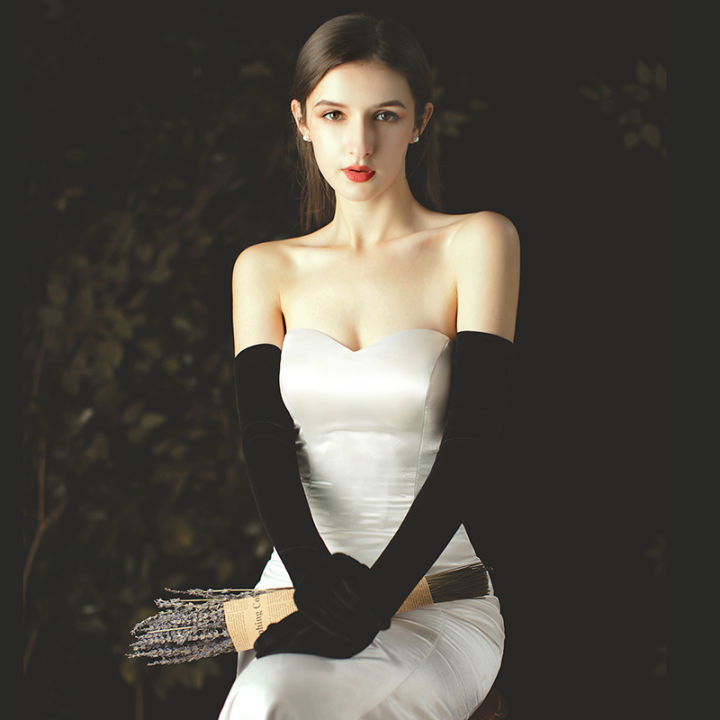 LibiLuxury XINMEIJI Wedding Bridal Long Opera Handschuh Black Gloves for Apparel Velvet Finger Brides Bridesmaid Gloves WG011