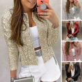 DESCENTE Spring Jacket Sparkling Sequin Cardigan for Club Party Performance Stylish Open Stitch Jacket with Long Sleeves for Women Women Jacket. 