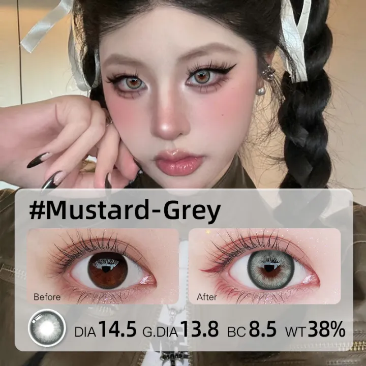 Mrs.H Newly arrived Musterd Power 0.00-8.00 natural big eyes colored Grey brown soft contact lens 6 months 14.2mm lenses
