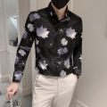 Handsome Fashion Brand Men's Shirt Slim Fit All-Matching Comfortable Cold Breathable Square Collar Printed Shirt Spring and Autumn Summer Korean Style Shirt. 