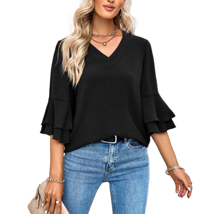 Yfashion%20Women%20V-neck%20Ruffle%20Bell%20Sleeve%20Blouse%20Solid%20Color%20Soft%20Comfortable%20Summer%20Loose%20Top%20Pullover%20T-shirt%20-%20Image%208