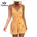 Yfashion Women Stripe Print V Neck Beach Shorts Romper Jumpsuit With Belt Sexy Fashion Suspender Jumpsuit For Beach Party. 