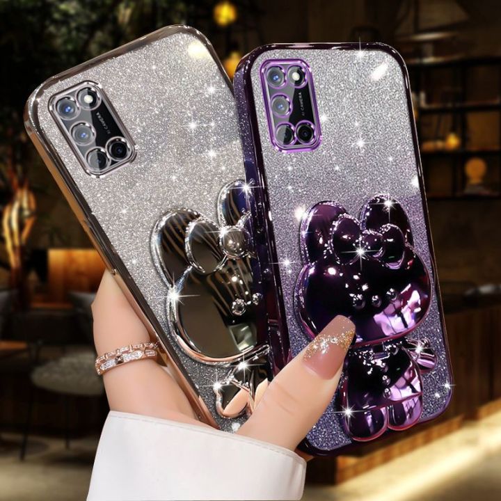 For Samsung Galaxy A51 4G A71 4G A21s A31 M51 M31 Back Cover with Cute Rabbit Makeup Mirror Stand Luxury Slim Gradient Plating Glitter Girls Phone Case Clear Soft Silicone Protective Cases Pouch