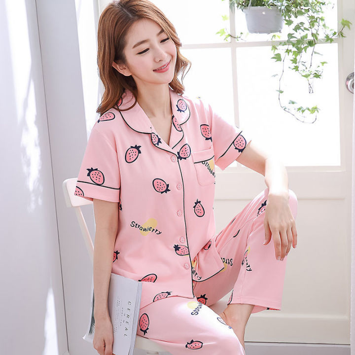 Pajamas%20Women's%20Spring%20Summer%20Short%20Sleeve%20Trousers%20Pure%20Cotton%20Pajamas%20Women's%20Summer%20Korean%20Style%20Outerwear%20Homewear%20Lapel%20Suit%20-%20Image%207