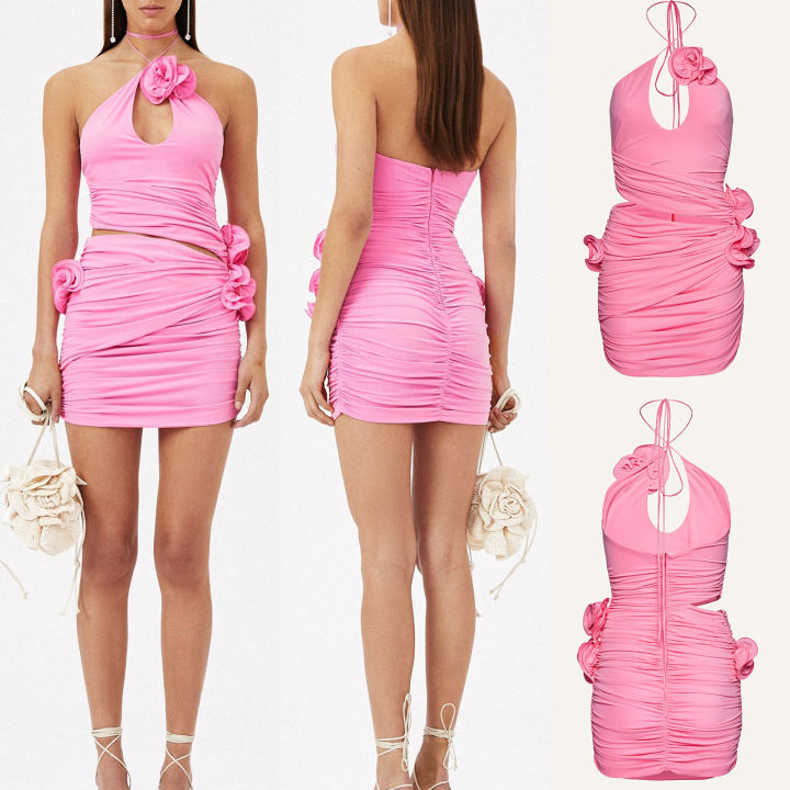 Women's Halter Bodycon Mini Dress, Sleeveless Cutout 3D Flower Ruched Club Party Dress
