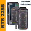 Brodu BTS 2255 Portable Bluetooth Karaoke Speaker Dual 6.5 Inch Super Bass Wireless Speaker with 2 Fast Charging Mics RGB Lights 4500mAh TWS USB TF AUX FM JBL Style Bluetooth Speaker Party Box. 