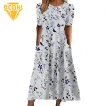 Printed Midi Dress Floral Print O Neck A-line Midi Dress with Pockets for Women Soft Breathable Summer Daily Wear Style Elegant Round Neck Dress. 