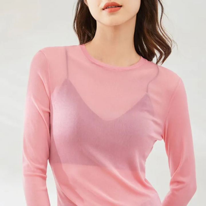 Mesh%20Undershirt%20Women's%20Inner%20Layer%20With%20Sun%20Protection%20Clothing%20Thin%20Transparent%20Top%20Spring%20Autumn%20Ice%20Silk%20Lace%20Gauze%20T-Shirt%20-%20Image%204