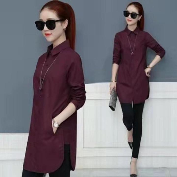 Yfashion Women Cotton Shirt Solid Color Lapel Long Sleeve Slim Fit Top Mid-length Cardigan T-shirt color
