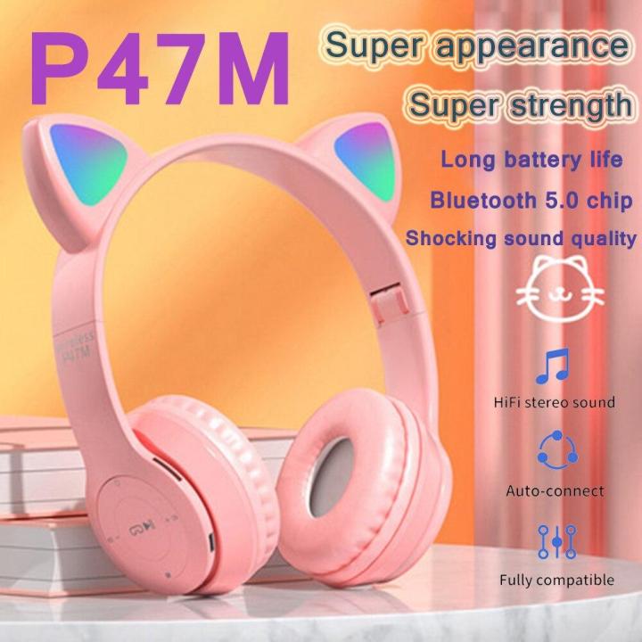 P47M Foldable Cute Cat Ear Headset LED Lights Glowing