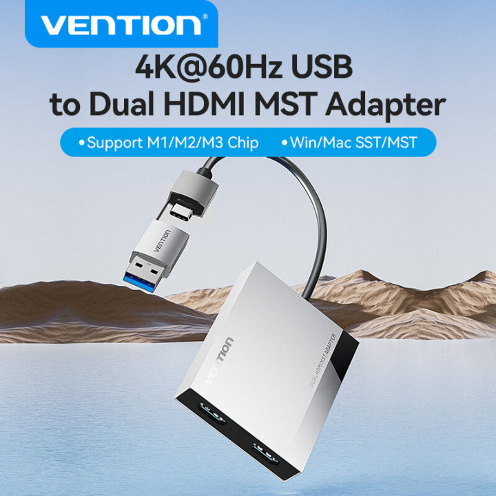 Vention USB A Type C to Dual HDMI MST Adapter 4K 60Hz applicable to MacOS Windows for PC Laptop Tablet Phone Monitor TV Projector Multiple Display USB C Hub