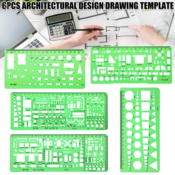 6 Pcs Architect Multi Purpose Drawing Template Set House Plan Interior Design and Furniture Drafting Tool Ruler