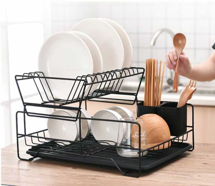 Dish Rack Organizer with Utensil Holder – Double Layer Metal Space