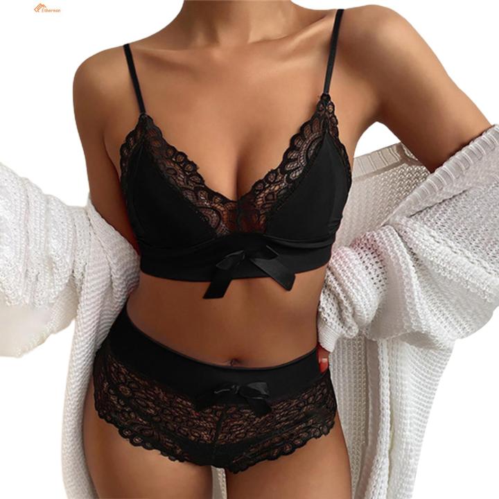 Ethereon Bra Panties Set Unpadded Tied Up Lace Underwear Panties Set