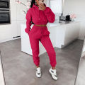 European and American women's sportswear two-piece casual sports set with exposed navel top and pants hooded shirt street set. 