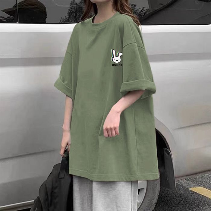 2023Summer%20New%20Green%20Short%20SleeveTT-shirt%20Women's%20Korean-Style%20Loose%20All-Match%20Mid-Length%20Oversized%20Half-Sleeve%20Topins-%20-%20Image%207