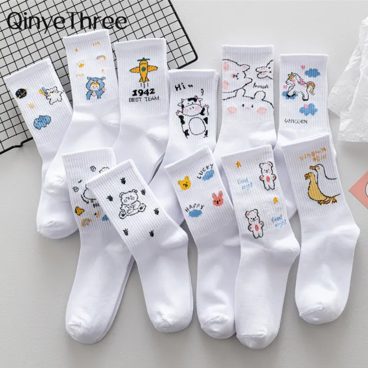 Women Japanese Korea Cute Cartoon Cow Bear Rabbit Duck Unicorn Funny White Cool Harajuku Hop Skateboard