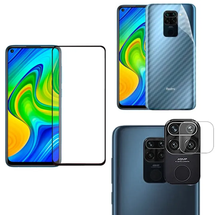 Combo Pack for Redmi Note 9 Ultimate Protection Bundle with this 3-in-1 Tempered Glass Screen Protector, Carbon Fiber Back Sticker, Camera lens Clear Glass pack for Redmi Note 9