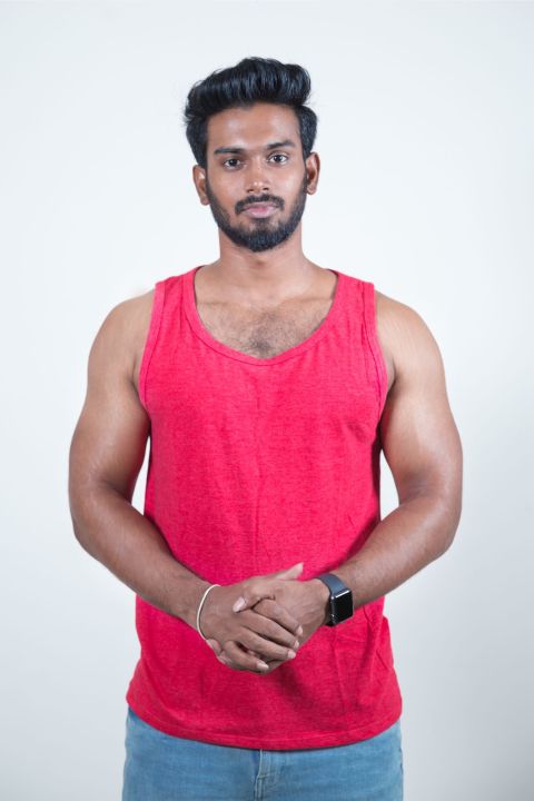 Moffi Essentials - Men's Skinny / Gym Vest -Red Arm Cut Tank Top