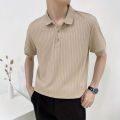 Nine Summer New Korean Style Knitted Short Sleeve polo Shirt Men's Korean-Style Trendy Solid Color Striped Lapel T T Shirt All-Matching. 