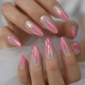 High Shine Ombre Nails French Medium Length Artificial Nails Acrylic Chrome Press On Finger Natural Nail Art. 