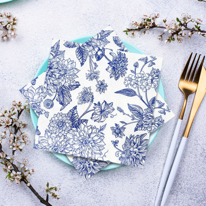20pcs/pac Minimalist Printed Napkins Paper Ink Blue Patterned Dining Table Napkins Elegant Ancient Style Mouth Wiping Cloth