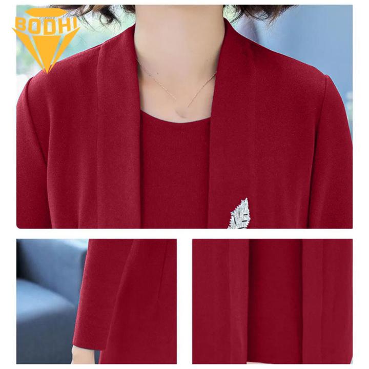 Comfortable%20Women%20Suit%20Spring%20Fall%20Women's%20Elegant%20Solid%20Color%20Long%20Cardigan%20Dress%20Suit%20Set%20for%20Middle-aged%20Ladies%20Sleeveless%20O%20Neck%20Open%20Front%20Coat%20Kit%20Women%20Dress%20Coat%20Suit%20-%20Image%204