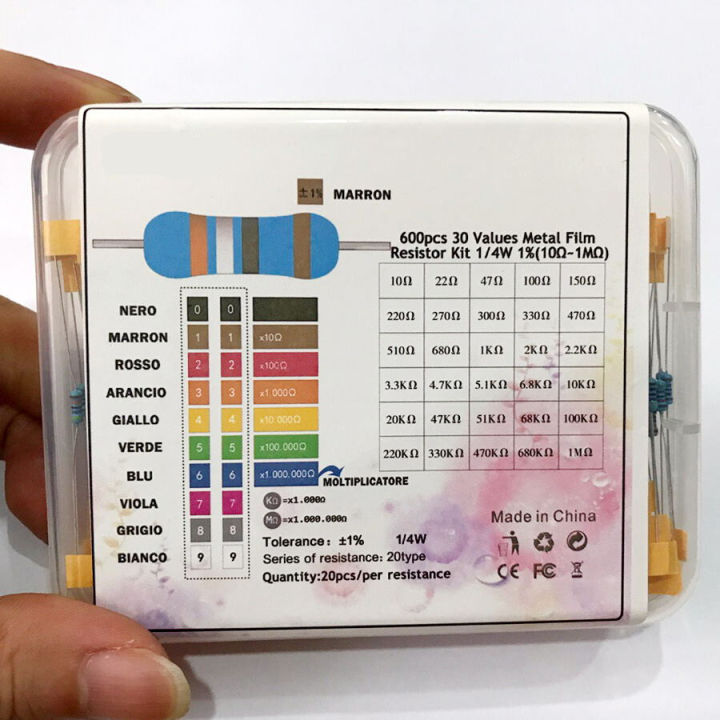 Stemedu Kit di 600 resistenze assortite, 0,25 Watt 10 Ohm-1M Ohm 30 valori, 1% 1/4W pellicola metallica assortita resistenze per progetti elettrici fai da te