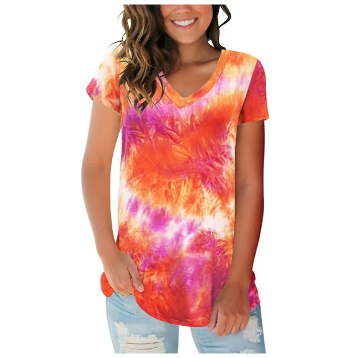 2023Years%20European%20And%20American-Style%20New%20Women's%20ClothingVCollar%20Loose%20Tie-Dyed%20Short%20SleeveTT-shirt%20Blouses%20-%20Image%205