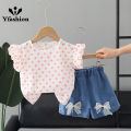 Yfashion 2pcs Summer Cotton Tops Suit For Girls Cotton Sweet Flying Sleeves Shirt Denim Shorts Set For Kids Aged 0-4. 
