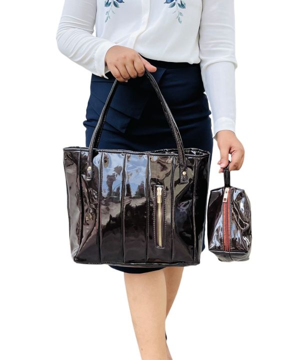 Enmark Perfection Glossy Dark Brown Ladies Handbag with Pouch