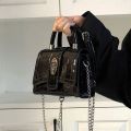 High-Grade Chain Bag Niche 2024 One-Shoulder Motorcycle Texture Portable Patent Leather Small Square Bag Crossbody New Women's Western Style. 