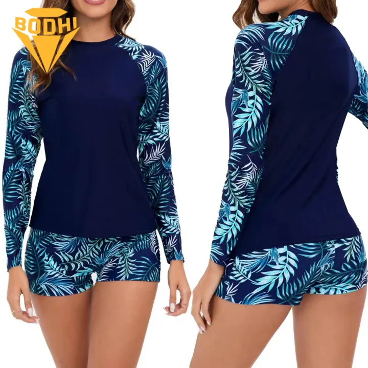 Women Two-piece Swimsuit Set Floral Print Women's Swimsuit Set Quick Dry Beach Top Shorts Conservative Stylish Surfing Clothes for Floral Splicing Swimsuit