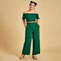 Nils Women's Green Jumpsuit  (Off Shoulder Sleeve Knot Jumpsuit). 