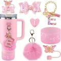 6pcs Tumbler Cup Accessories Set - Butterfly Straw Topper Cover Cap, Bling Bow for Straw, Sparkly Silicone Boot, Letter Charm and Pompom for Water Bottle Cups Tumbler 40oz 30oz 20oz. 