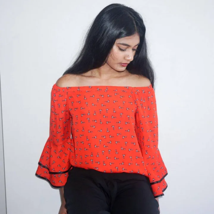 Women's Red Printed Casual Off Shoulder 2 Frills With Short Sleeve Top