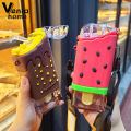 【BestGO】Cute Ice Cream Plastic Water Bottle With Straw Strap Popsicle Water Bottle Watermelon Kettle Leakproof Tritan Bottle BPA  Cu. 
