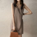 bellylady Women Cotton V Neck Dress Solid Color Loose Waist A-line Skirt Sleeveless Pullover Casual Short Dress. 