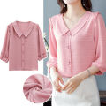 Yfashion Fashion Chiffon Tops For Women Cotton Summer Three-quarter Sleeves Doll Collar Shirt Elegant Solid Color Pullover Blouse. 