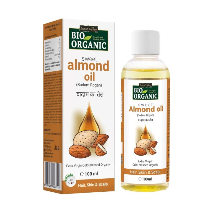 INDUS VALLEY Bio Organic Cold Pressed Almond Oil for Soft & Shiny Hair, Glowing Skin, Hair Damage Protection, Pure Roghan Badam Oil(Tail) for Baby Massage - 100ml Brand	INDUS VALLEY Scent	Almond Oil - 100ml  (FROM INDIA)